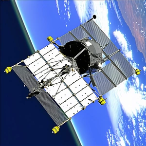 A Space Shuttle In The Sky, With A Large Satellite Dish On The Bottom Of The Spacecraft