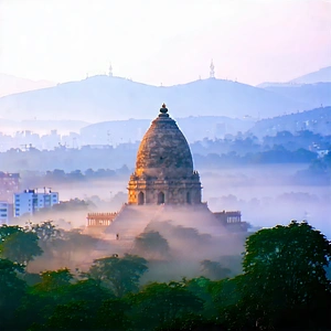 Urban Abstract Design: Historic Monument With Morning (mist:1.43) With Large, Ancient
