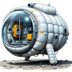 The Image Is A Cartoon Drawing Of A Large White Spacecraft With A Dome-shaped Top