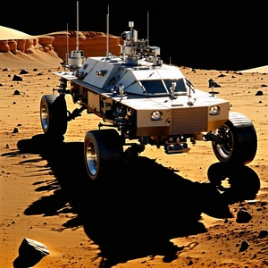 A Large, Four-wheeled Vehicle Is Parked On A Rocky Surface, Possibly On A Planet