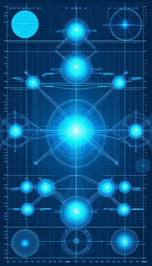 The Image Is A Blue And White Drawing Of A Sphere With Multiple Circles Surrounding It