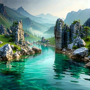 Nature Concept Art: Tranquil Pond Surrounded By Rocky Shores With Image, There