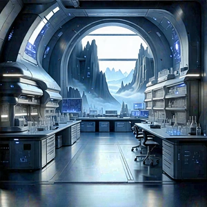 Tech Matte Painting: (futuristic:1.27) Research Laboratory With Image, There