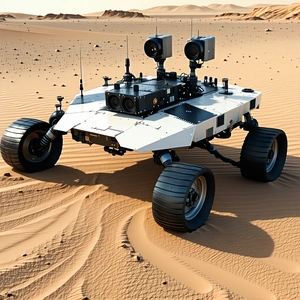 A White Robotic Vehicle With Four Wheels, Driving Across A Sandy Terrain
