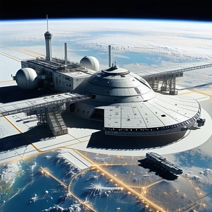 A Futuristic Space Station With A Large, Round, White Structure At Its Center