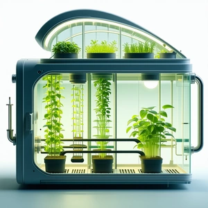 A Small, Futuristic Greenhouse Filled With Various Plants