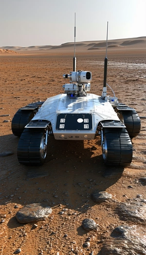 A White Robotic Vehicle Is Sitting On A Dirt Field