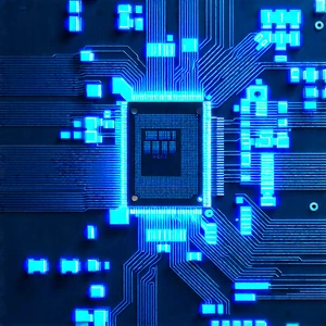 Circuit board with blue light glow