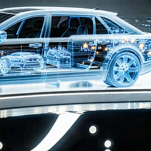 Tech Commercial Photography: Automotive Technology In Research Center With Shown Display,