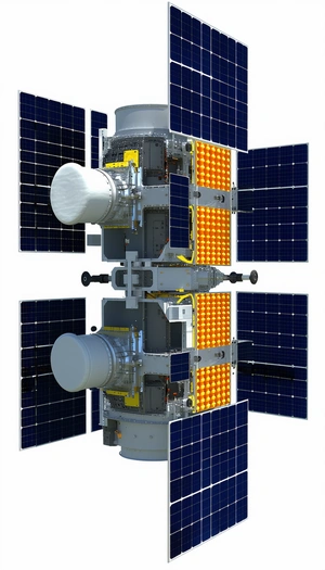 A Large Spacecraft Is Shown In A White And Blue Color Scheme