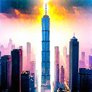 Urban Pastel Drawing: Skyscraper With Dramatic Lighting With Tall Skyscraper