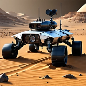 A Robotic Vehicle Is Sitting On A Sandy Surface, Possibly A Desert