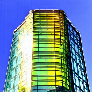 Urban Digital Illustration: Glass Office Tower With Artistic Facade With Large, Colorful