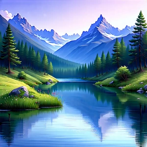 Nature Lithograph: Tranquil Pond Surrounded By Mountain Peaks With Serene Scene