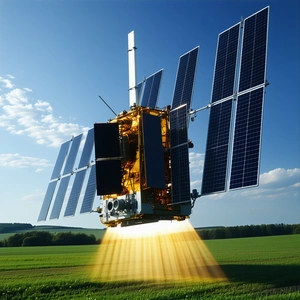 A Large Satellite Dish With A Solar Panel On Top, Flying Through The Sky