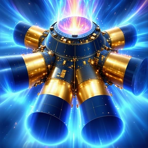 A Large, Round Spacecraft With A Blue And Gold Color Scheme