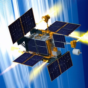 A Spacecraft Is Shown In A Blue Sky, With A Solar Panel On The Side