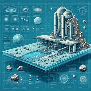 The Image Is A Blue And White Drawing Of A Space Station, With A Large White Building In The Center