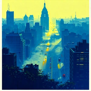 Urban Linocut Print: Cityscape Of Downtown District During Foggy Morning With City Street