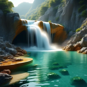 Nature 3d Render: Waterfall Pool Surrounded By Rocky Shores With Beautiful Waterfall