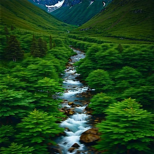 Nature Aerial Photography: Mountain Stream Surrounded By Lush Vegetation With Beautiful Mountain