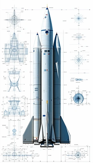 A White Rocket Ship Is Shown In A Drawing, With A Blue Circle In The Middle