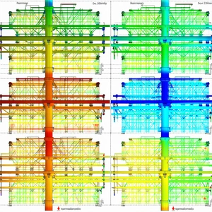 The Image Is A 3d Model Of A Building, Likely A Skyscraper, With A Variety Of Colors And Shapes