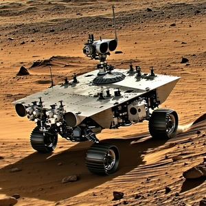 A Large, White, Four-wheeled Vehicle, Possibly A Rover Or A Tank, Driving Across A Sandy Terrain
