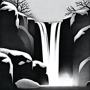 Nature Charcoal Drawing: Waterfall In Winter Snow With Black White