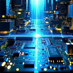 Circuit Board With Laser Scanning With Futuristic Cityscape