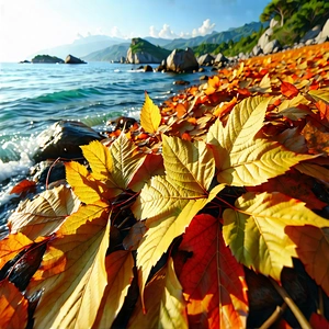 Nature Landscape Photography: Autumn Leaves In Coastal Environment With Beautiful Beach