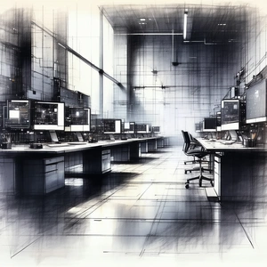 Tech Charcoal Drawing: Futuristic Tech Startup Office With Image, There