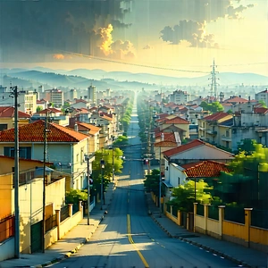 Urban Abstract Design: Cityscape Of Small Town During Midday With Painting City