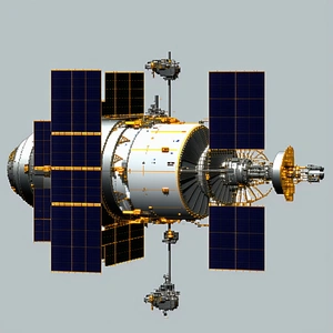 The Image Is A 3d Model Of A Spacecraft, Which Appears To Be A Large, Cylindrical Space Station