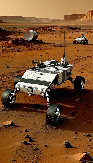 A White Robotic Vehicle With A Large Antenna On Top, Driving Across A Dirt Field