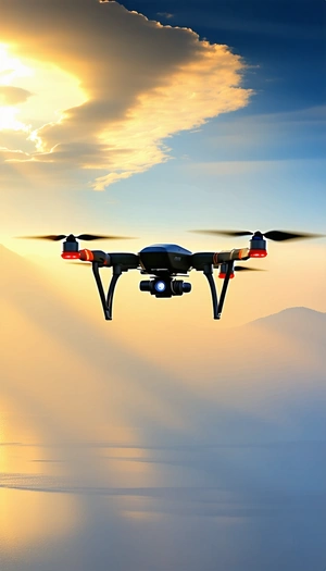 A Black And Red Drone Is Flying In The Sky, Capturing The Sunset