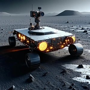 A Futuristic Vehicle Is Driving Across A Rocky Terrain