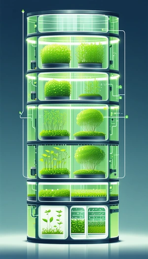 In The Image, There Is A Large Green Tower Filled With Various Plants