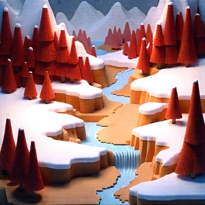 Nature Isometric Design: (mountain:1.38) Stream Surrounded By Snow-covered (trees:1.2) With Three-dimensional Model