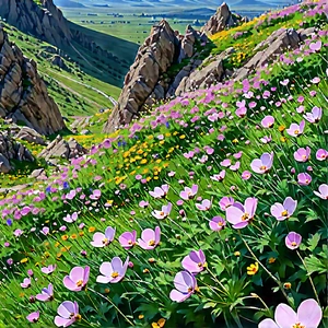 Nature Vector Art: Wildflowers In Rocky Terrain With Beautiful, Lush