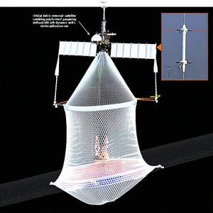 A Large, White, And Blue Satellite Is Suspended In The Air, With A Long, Thin Wire Extending From It