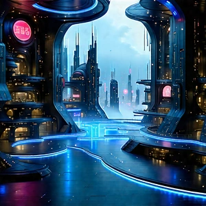 Futuristic Innovation Hub With Futuristic City,