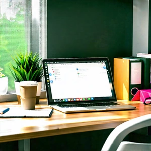 Business Low Poly: Workplace with laptop and coffee on desk