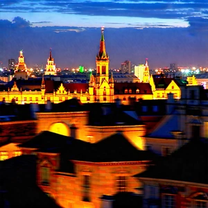 Urban Stock Photography: Cityscape Of Historic (city:1.18) Center During Night With Nighttime View
