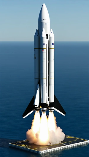 A Large White Space Shuttle Flying High Above The Ocean