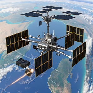 A Large Spacecraft With A Satellite Dish On Top, Flying Through The Sky