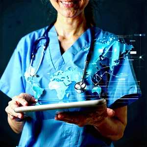 Business Digital Illustration: Healthcare professional using digital tablet