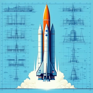 A Rocket Ship Is Shown In A Blue And Orange Color Scheme