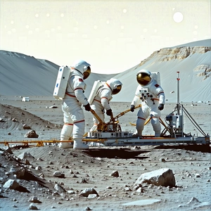 In The Image, There Are Three Astronauts Standing On A Rocky Surface, Possibly On The Moon