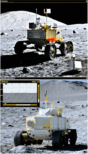 The Image Is A Split Screen Display Of A Rover On The Moon